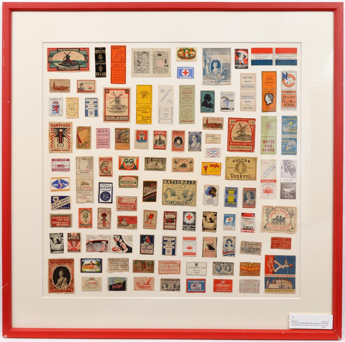 92 Match Book covers Kersen De Jong "All Dutch": 92 Match Book covers by Kersen De Jong "All Dutch" Princess Juliana Nationale 1909, KLM Airways, 1912 Olympics. Matches are under plexiglass, framed in thin red fame. Visible mounting: 25.5"H x 25.5"L