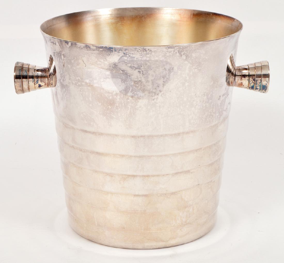 Large Christofle Silverplate Champagne Ice Bucket: Large Christofle, silver-plate champagne ice bucket. 8"H x 7.75"D. Condition report: very good - no plate loss or other issues. Please examine all photos closely. Contact C. Biddle Auction Gallery for
