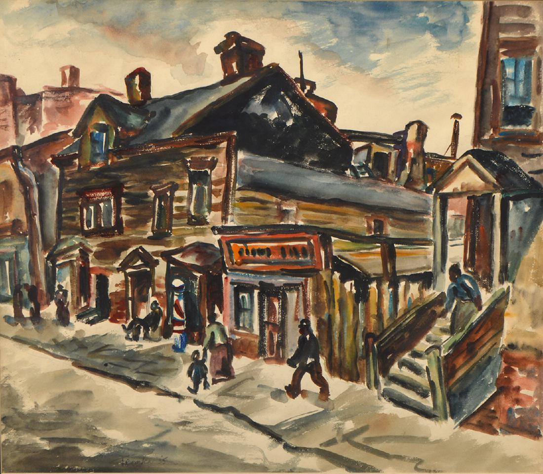 Two Abram Tromka Watercolor Paintings: Abram Tromka, Poland (1896-1954). Two watercolor scenes in one frame (back to back). One titled 'Harlem Streets', signed lower left. Other side is '2 Figures on a Bench'. Measures 27.25"H x 30.75"W. F