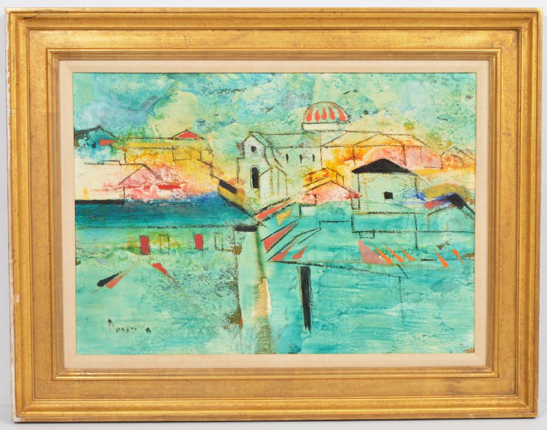Lazzaro Donati 'Good Weather Spirit' Oil Painting: Lazzaro Donati, Italian (1926 - 1977). Translates to 'Good Weather Spirit'. Oil on board. Signed on front and back and dated 1967. 19.75" H x 27.75" W. Framed 27.25" x 35.25". Condition report: Good,