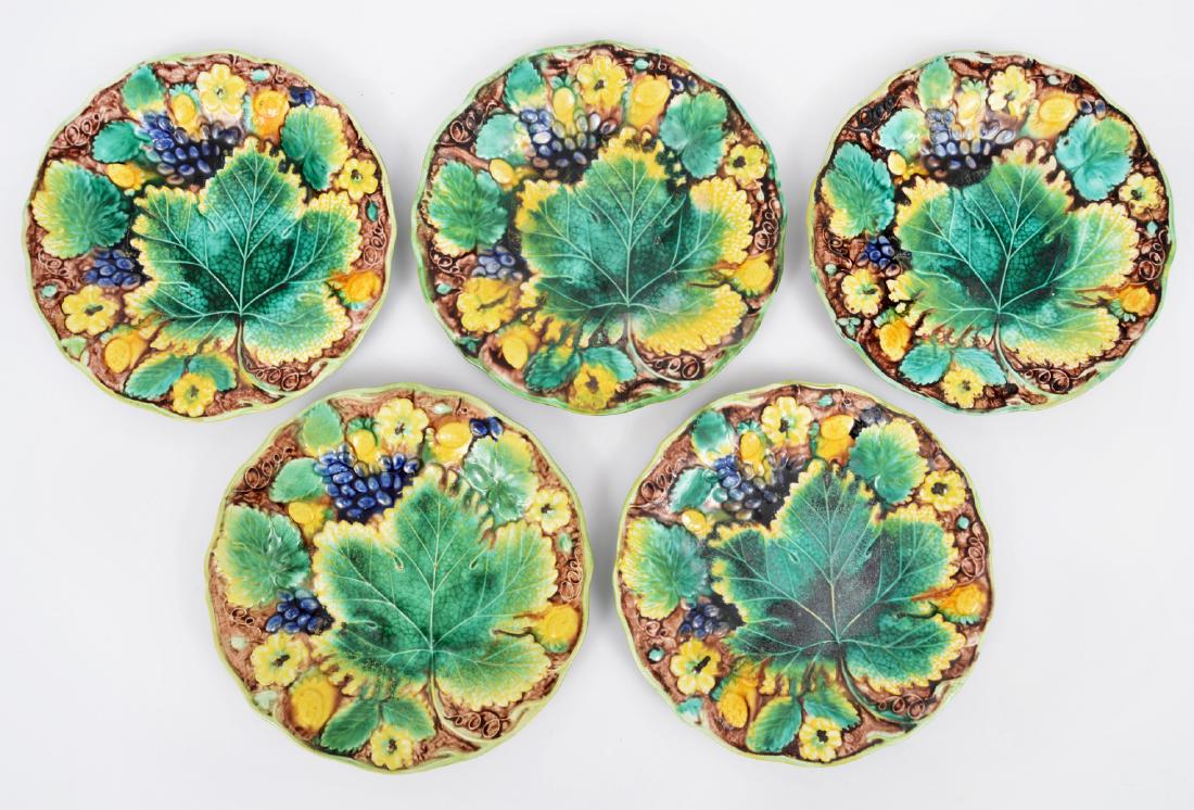 5 Majolica Lunch Plates Samuel Alcock: 5 Majolica earthenware lunch plates with yellow flowers and green leaves. Marked: SA & Co. (not every plate is marked) 8.75"D. Condition report: Very good for age - a small and minor chips on bottom r