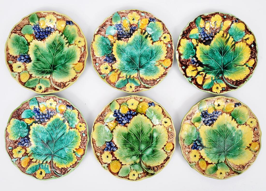 6 Majolica Lunch Plates Samuel Alcock: 6 Majolica earthenware lunch plates, with yellow flowers and green leaves. Marked: SA & Co (not every plate has mark). 8.75"D. Condition report: Very good for age - a couple have very minor small chip