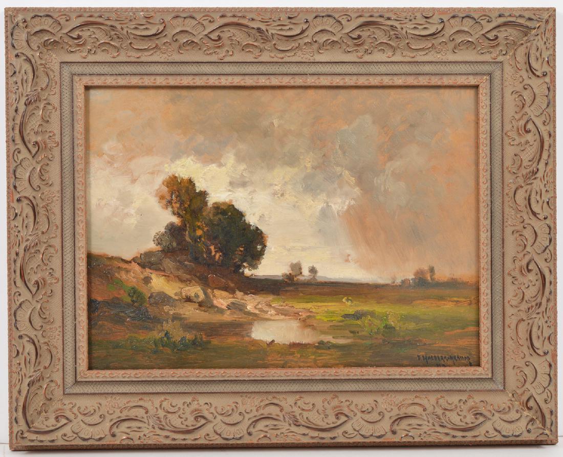 Fritz Halberg-Krauss Landscape Oil Painting: Fritz Halberg-Krauss, Germany (1874 - 1951) landscape, oil on board. Signed lower right. 13.5" H x 19.5", framed 22" x 28". Condition report: Good, with wear to frame. Please examine all photos closel