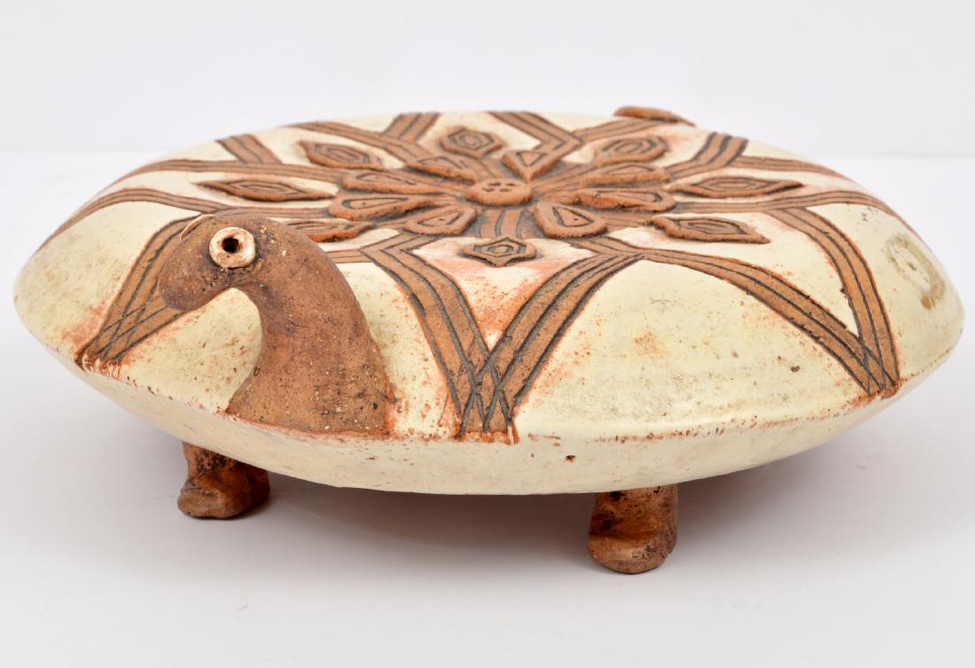 Marilyn Sherwood Pottery Turtle Trivet Plant Stand: Marilyn Sherwood pottery turtle trivet or plant stand. 3"Hx10"D. Condition report: Good, one leg has been repairted. Signed on bottom. Please examine all photos closely. Contact C. Biddle Auction Gall