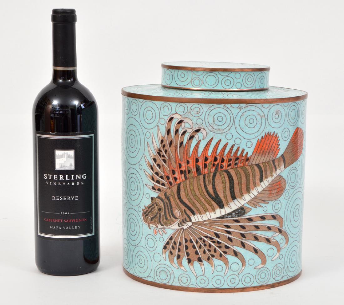 Fabienne Jouvin Paris Cloisonne Copper Canister: Fibienne Jouvin Paris lidded cloisonne copper canister, featuring a colorful lion fish on a pale blue swirl design background. 10"Hx8.75"D. Condition report: Very good - no issues. Please examine all 