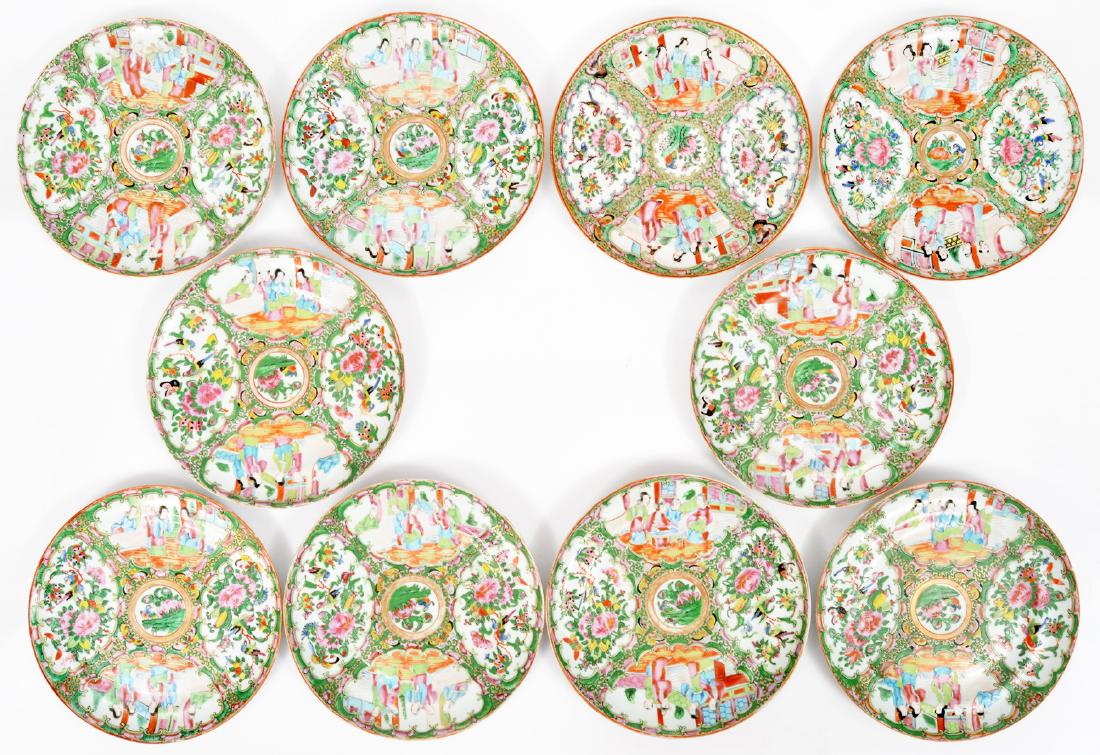 10 Chinese Famille Rose Medallion Dinner Plates: 10 Chinese Rose Medallion dinner plates - 9.5"D. Condition report: Good- commensurate with age - a few small flea bite size chips. Please examine all photos closely. Contact C. Biddle Auction Gallery 