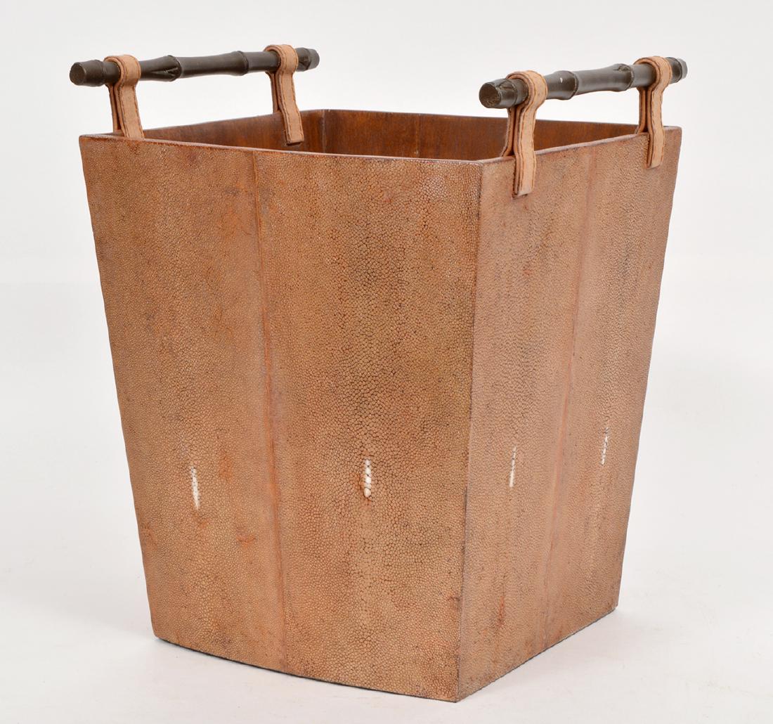 R & Y Augousti Shagreen Wastepaper Bin Handles: R & Y Augousti Shagreen wastepaper bin, with brass bamboo handles. 12"H x 9.5"L x 9.5"W. Condition repot: Very good-like New. Please examine all photos closely. Contact C. Biddle Auction Gallery for m