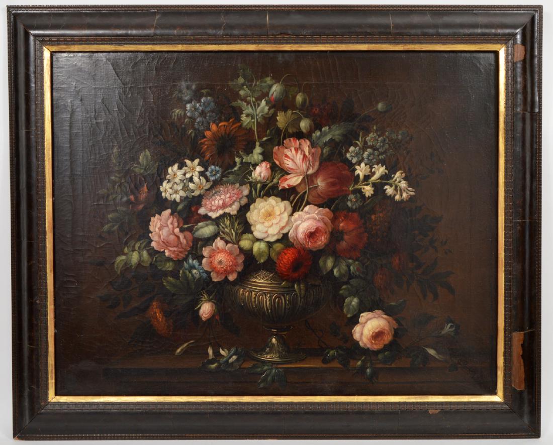 19th Ct. Continental School Still Life Painting: 19th Century Continental school oil painting. 'Still Life.' Oil on canvas. Unsigned. 28.25" H x 36" W, framed 35.25" x 43". Condition, looks to have older repairs and craquelure throughout, frame has 