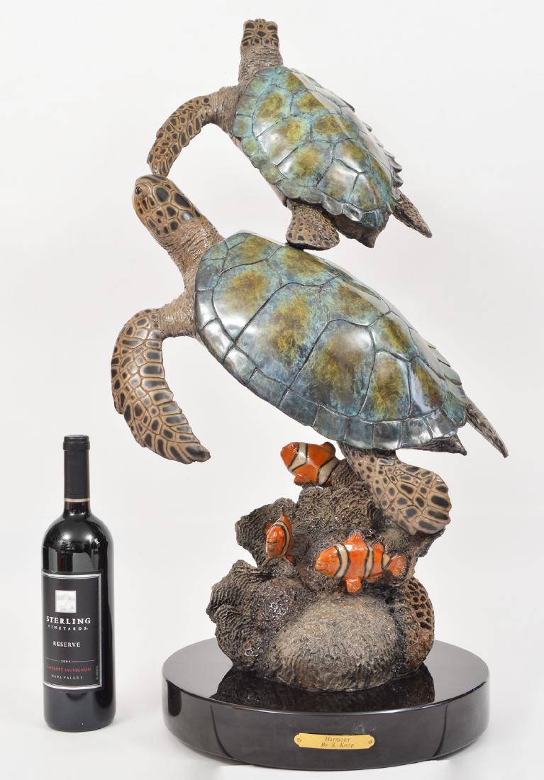 LARGE Sandra Koop Harmony Turtle Sculpture: Sandra Koop, American 20/21st Century. 'Harmony'. Large Polychrome bronze sculpture. Turtles and reef scene. 33" High. Condition report: Good with some wear, surface cracks to marble base. Please exam