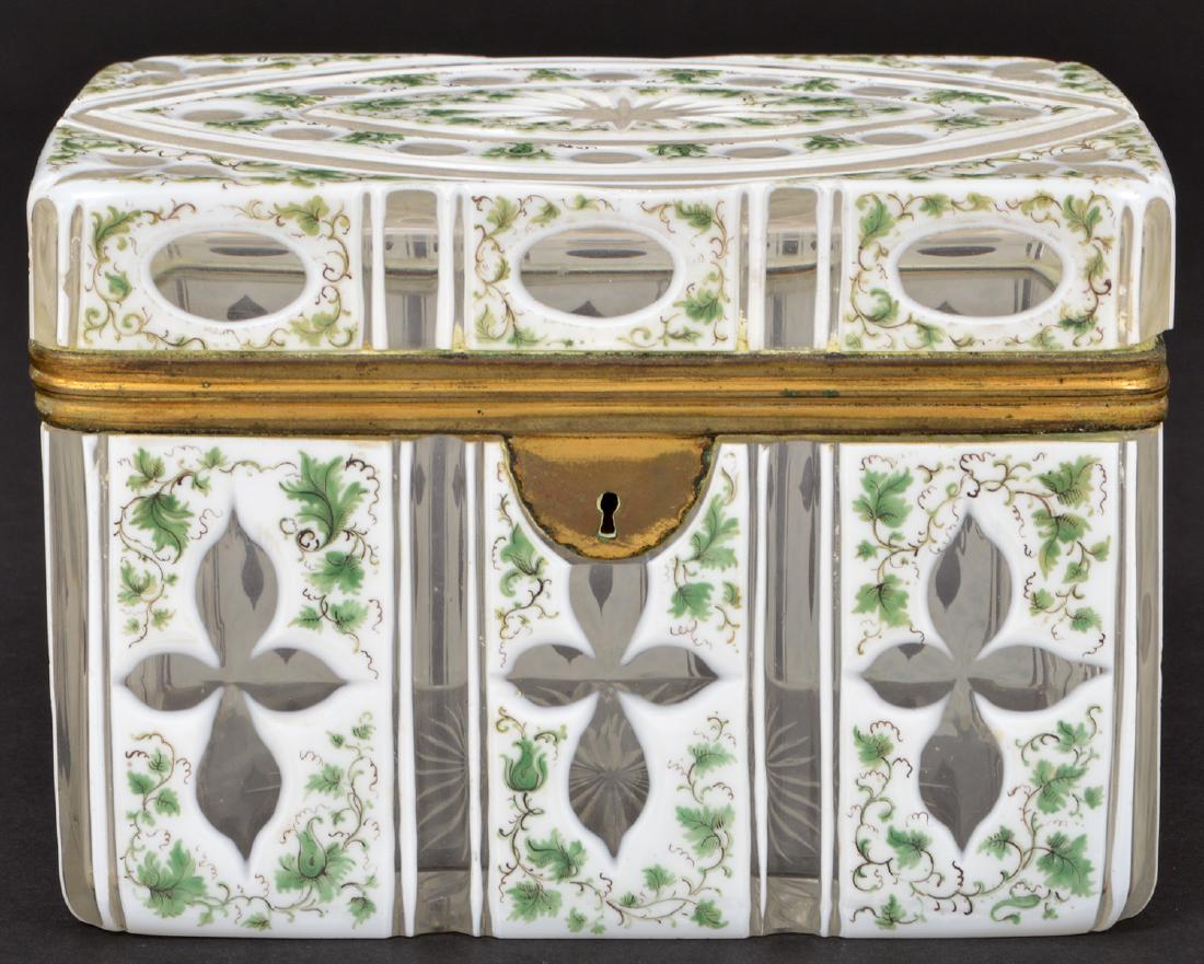 Bohemian Czech Glass Enameled Vanity Casket: Czech glass and enameled vanity casket with hinged lid. 4"Hx6"Lx4"W. Condition report: Very good - no chips, cracks or other issues. Please examine all photos closely. Contact C. Biddle Auction Galler