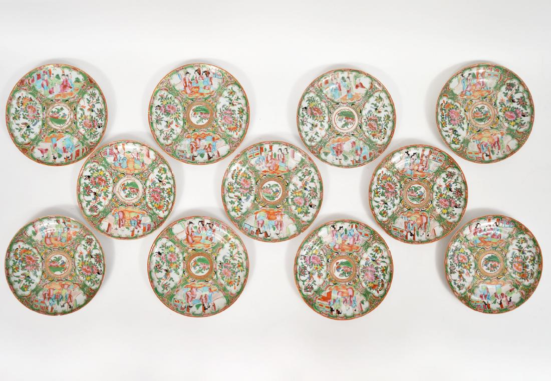 11 Chinese Famille Rose Medallion Lunch Plates: 11 Chinese Rose Medallion lunch plates - 8"D. Condtion report: commensurate with age - few small flea bite size chips. Please examine all photos closely. Contact C. Biddle Auction Gallery for more det