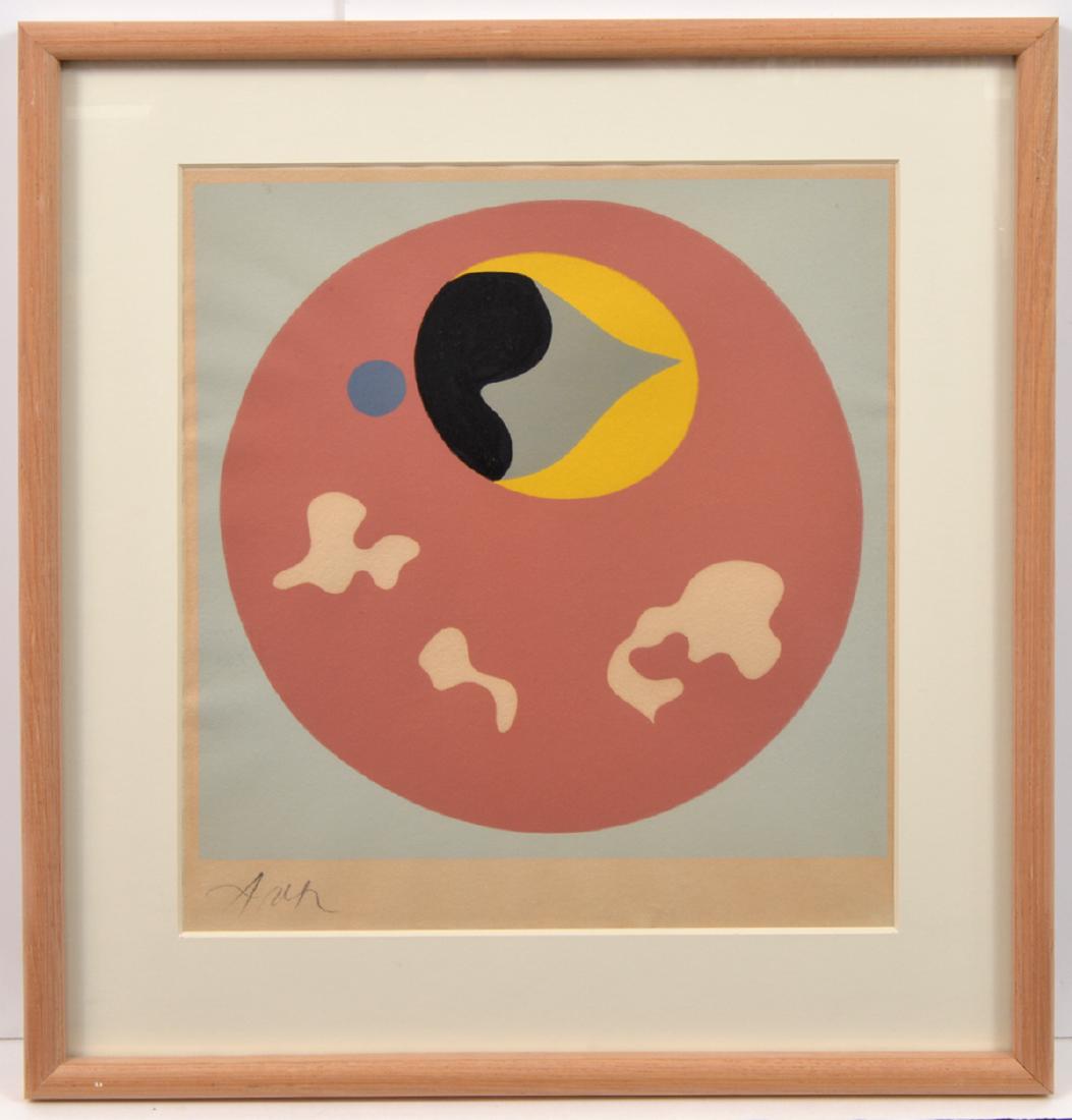 Jeans Hans Arp Woodcut: Jean Arp colored woodcut. Signed in pencil bottom left. Untitled. Visible 15.5" H x 13.5" W, framed 22.5" x 19.5". Condition report: Good with toning to paper and wear to frame. Please examine all pho