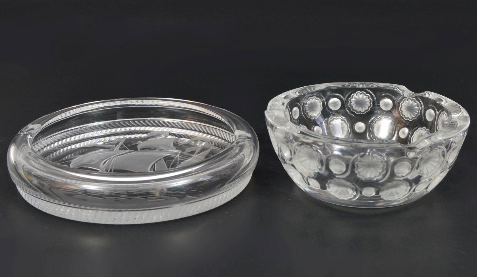 2 Lalique Crystal Ashtrays Ship & Flowers (1 of 5)