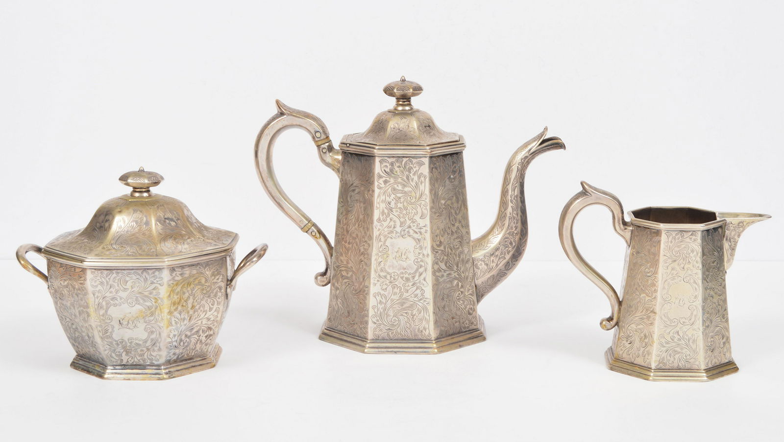 B. Gardiner Etched Coin Silver Coffee Pot Set (1 of 15)