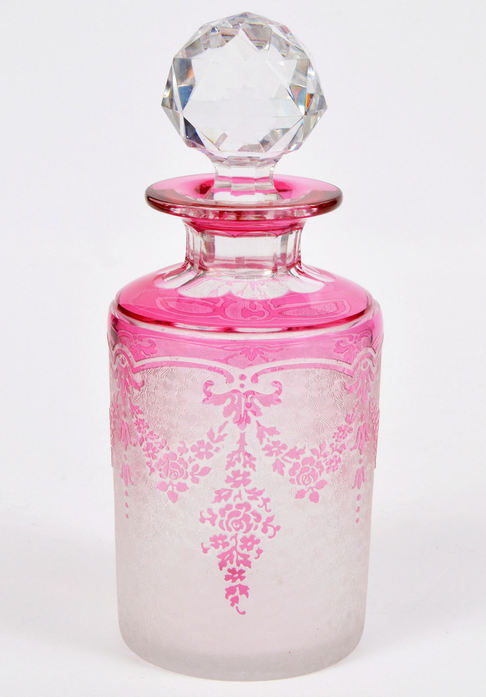 Val St Lambert Cut Pink Cameo Glass Rose pink glass scent bottle