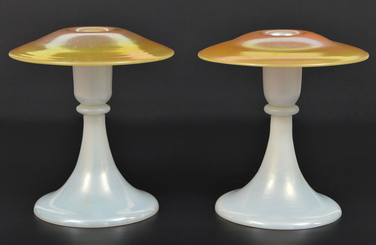 2 Steuben Aurene & Calcite Glass Candlesticks (1 of 4)