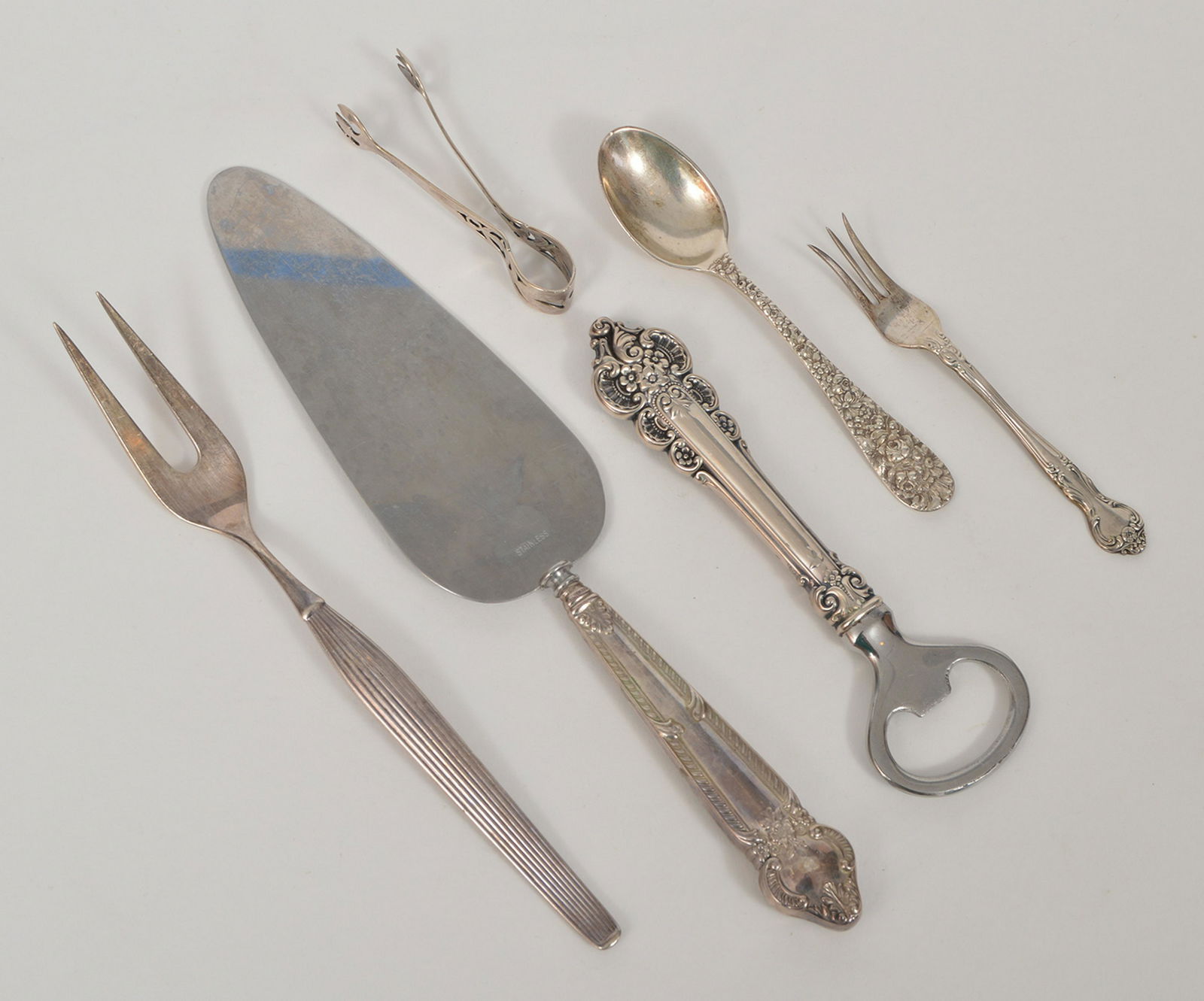6 Sterling Silver Cake Server, Forks, Spoon, Tongs (1 of 9)