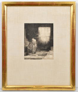 Rembrandt Steel Engraving on Paper: Rembrandt steel engraving on paper in a gilt frame. Has not been examined outside of frame. Visible 8" H x 6" W, framed 19.5" x 15.5". Condition report: good, minor wear to frame. Please examine all p