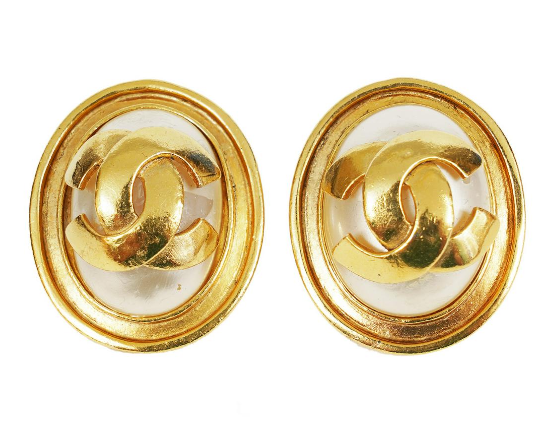 Chanel Pearl and Gold CC Earrings Clip On 1995 (1 of 4)