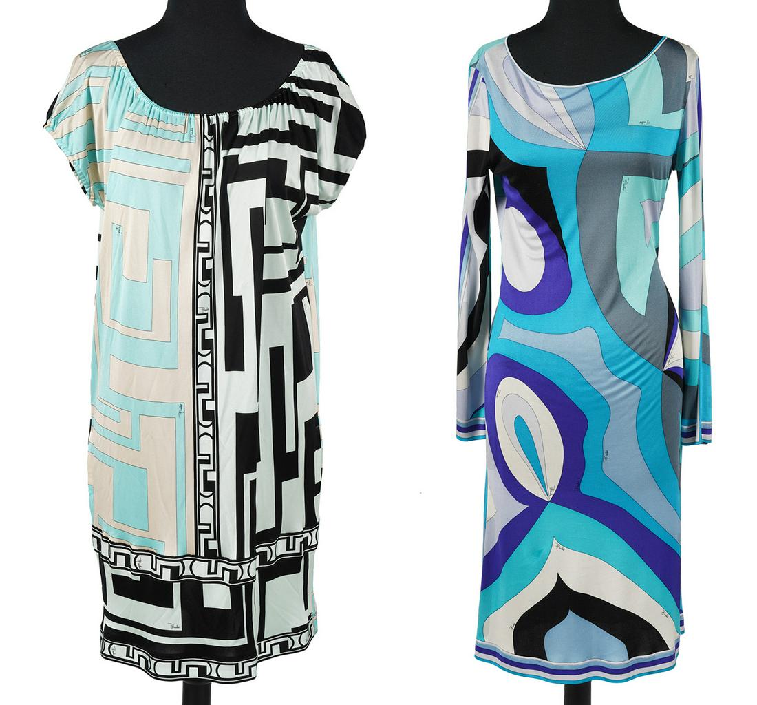2 Emilio Pucci Dresses Size 40, US 10: 2 Emilio Pucci dresses in bright colors. Size: 40, US 10. Condition report: Good, some minor snags. Please examine all photos closely. Contact C. Biddle Auction Gallery for more detailed information. 