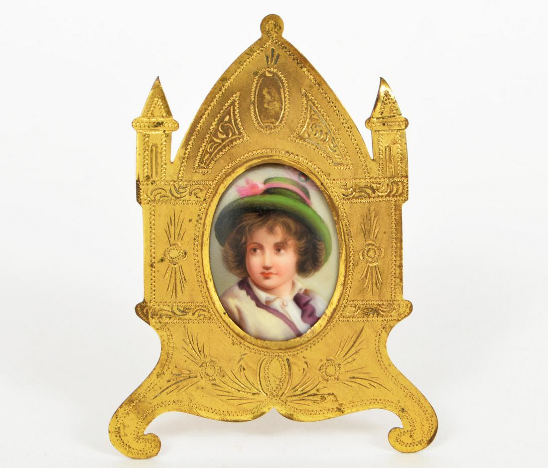 Antique Hand Painted Porcelain Plaque, Gilt Frame (1 of 4)