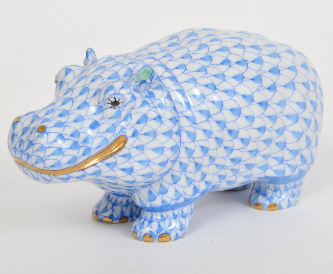 Herend Porcelain Blue Fishnet Hippopotamus (1 of 5)