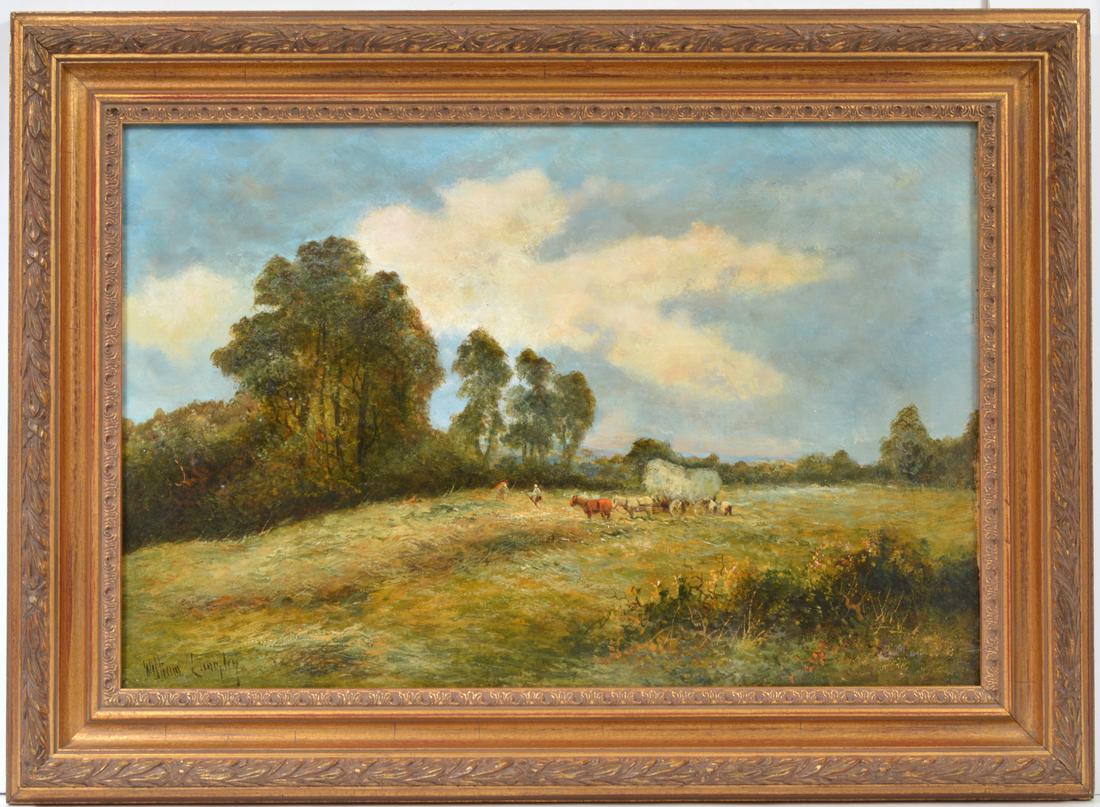 William Langley Oil Landscape Painting: William Langley, English (1852 - 1922). Landscape, oil on canvas. Frame is not of the period. Signed in the lower left. 15.5" H x 23.5" W, framed 21" x 39". Please examine all photos closely. Contact