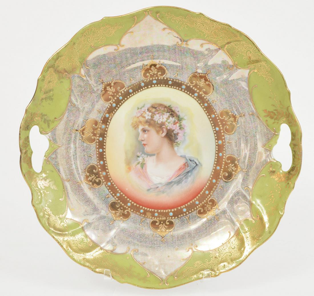 Royal Habsburg Hand Painted Portrait Cake Plate: Antique Royal Habsburg double handled cake plate with green and gold with a hand painted center portrait trimmed in gold and blue enamel beadwork. 10"W. Condition report: Very good - no cracks or chip