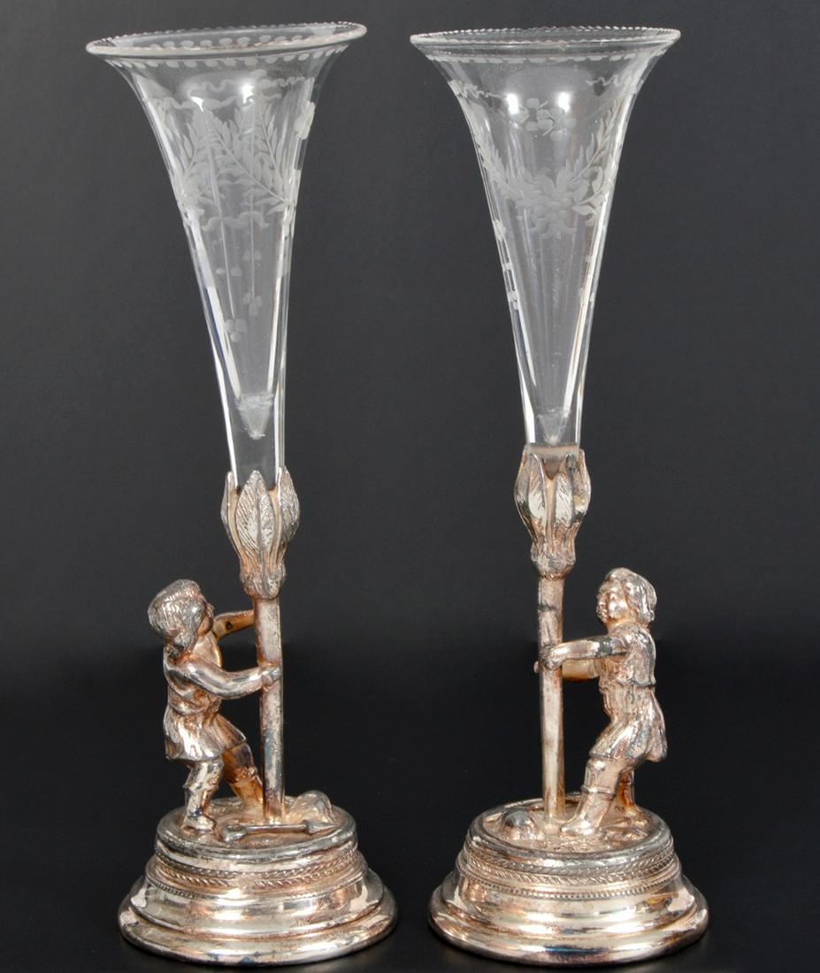 2 Antique W. W. Harrison & Co. Figural Epergnes: 2 Antique W. W. Harrison& Co. electroplated figural etched glass epergnes, 1880's. 8.75". Condition report: each one has a flea bite size chip in the upper glass edge. Please examine all photos closel