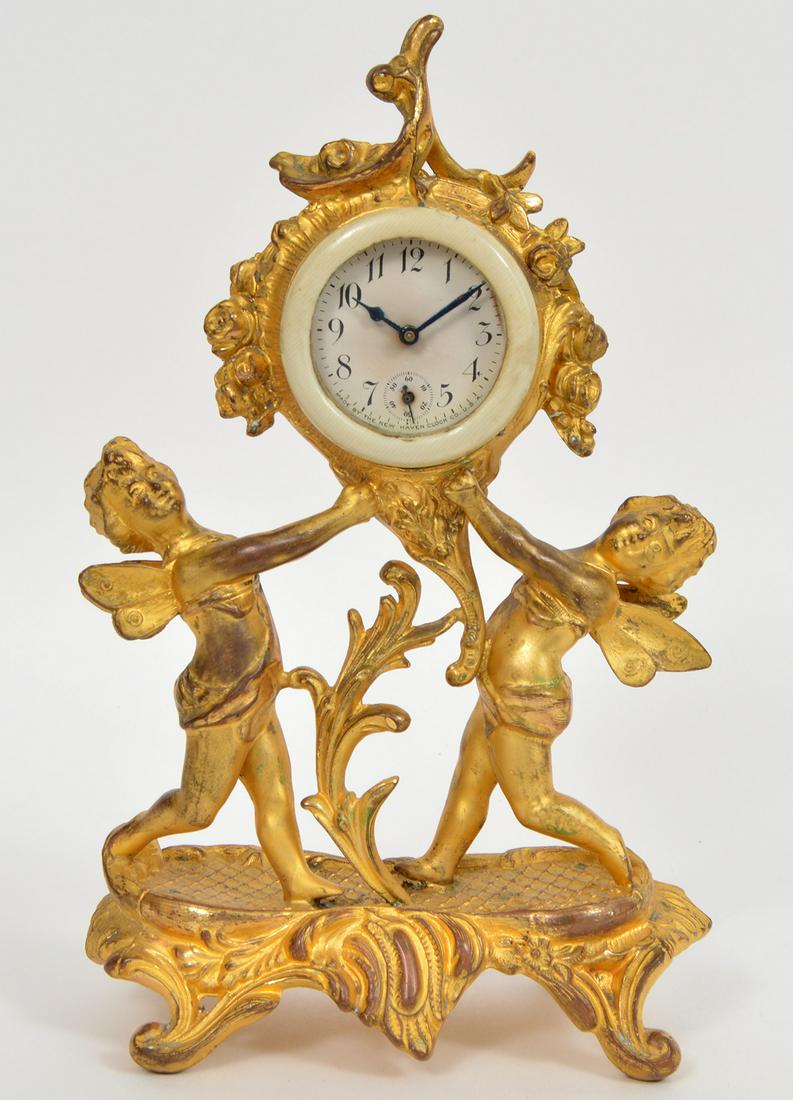 Antique New Haven Gilded Fairy Clock: Antique New Haven gilded fairy clock. 10"H. Condition report: Not working. Please examine all photos closely. Contact C. Biddle Auction Gallery for more detailed information. C. Biddle Auction Gallery