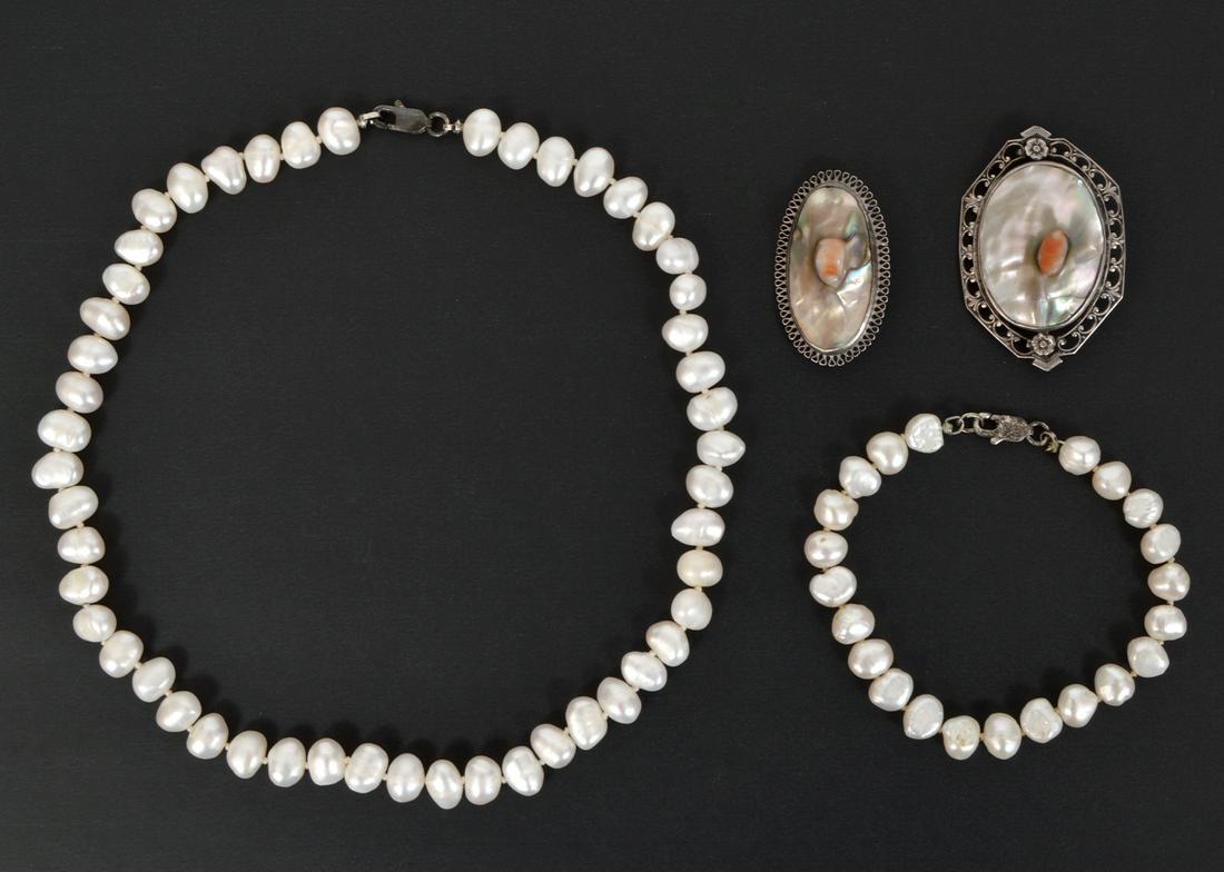Sterling & Pearl Necklace, Bracelet & 2 Brooches (1 of 8)