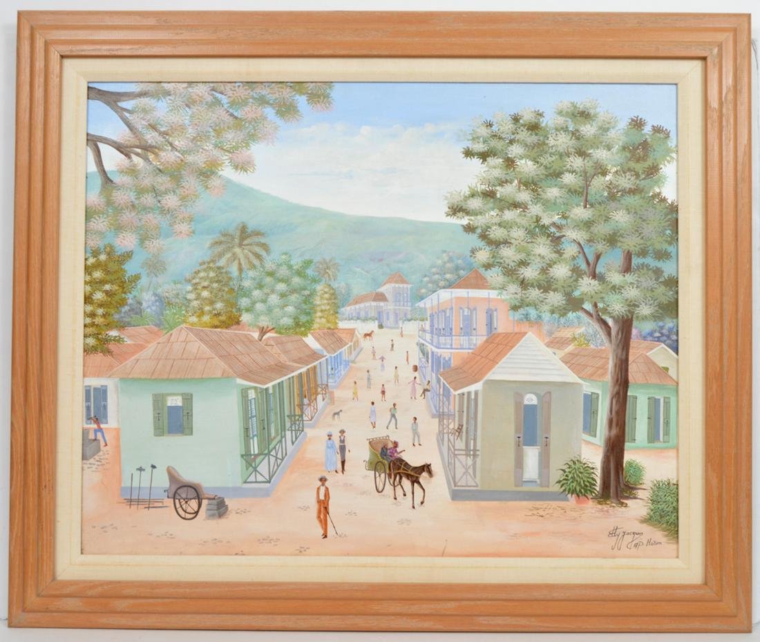 Eddy Jacques 'Cap Haitien' Oil on Canvas: Eddy Jacques, Haiti (Born 1957) 'Cap Haitien' oil on canvas signed lower right. Colorful busy street scene with people walking and horse drawn carriage, light wood triple roll frame. Measures 31.25H x