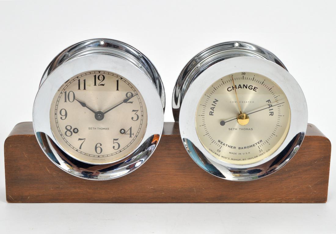 Seth Thomas Clock & Barometer Mounted Wood Base (1 of 6)