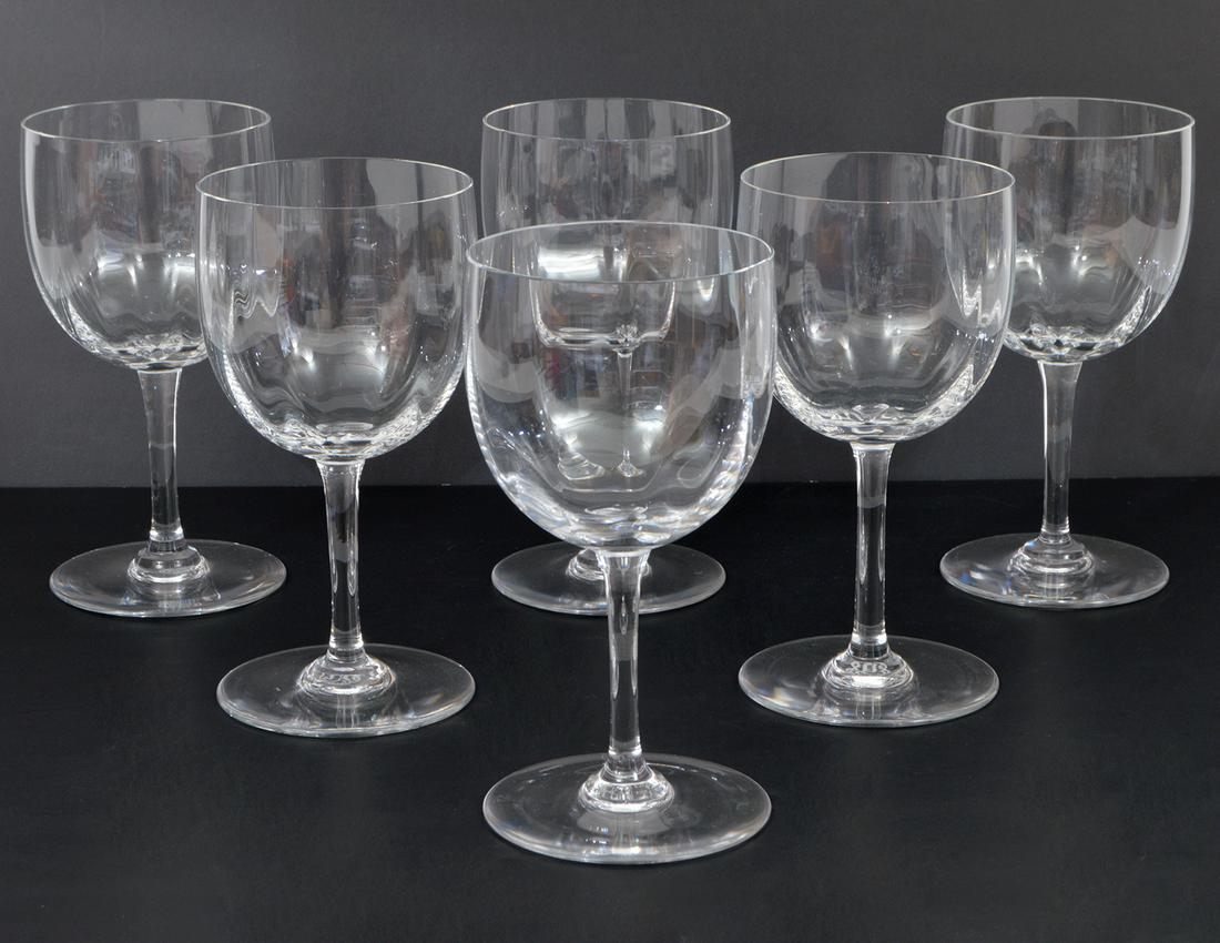 6 Baccarat Crystal Wine Glasses Montaigne Optic: 6 Baccarat Montaigne Optic, crystal wine glasses with beveled body and clear stems, marked on base. Measures 6 7/8"H x 3.5" across top. Condition report: good condition, no issues, see photos. Please 