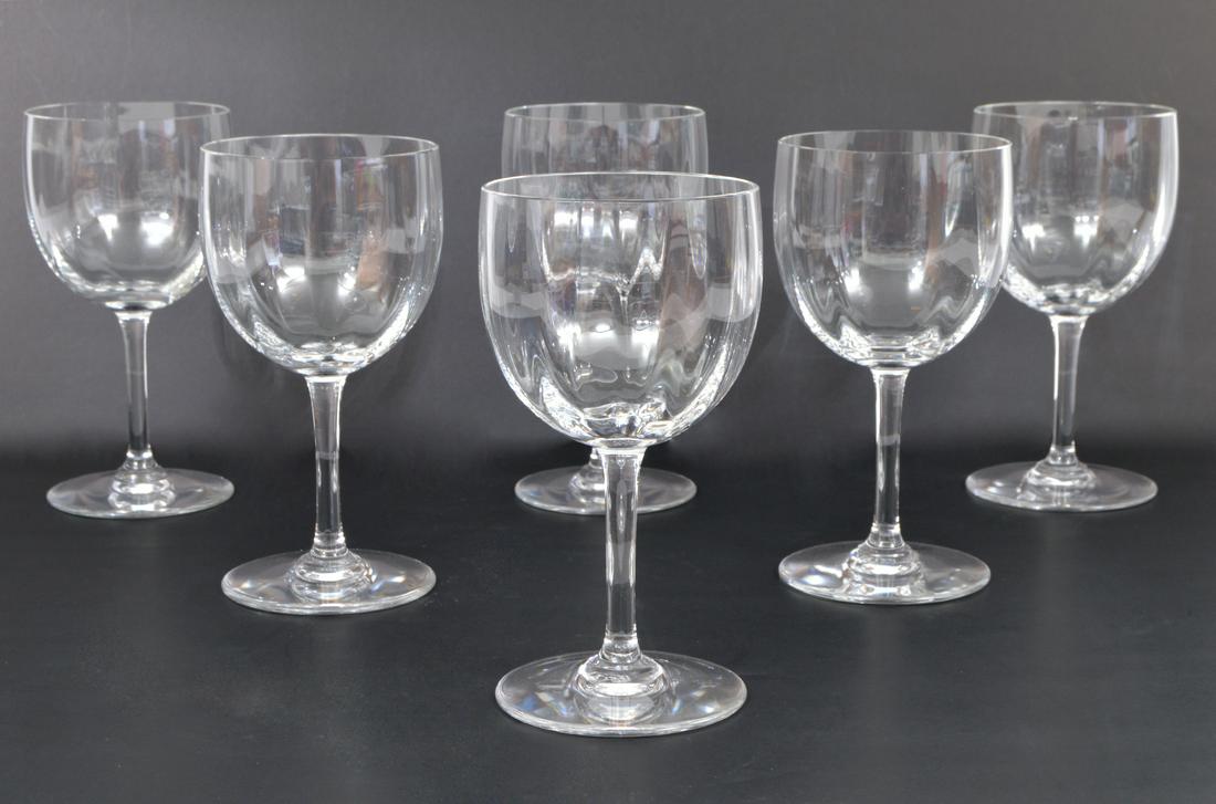 6 Baccarat Crystal Wine Glasses Montaigne Optic: 6 Baccarat Montaigne Optic, crystal wine glasses with beveled body and clear stems, marked on base. Measures 6.5"H x 3.25" across top. Condition report: good condition, no issues, see photos. Please e