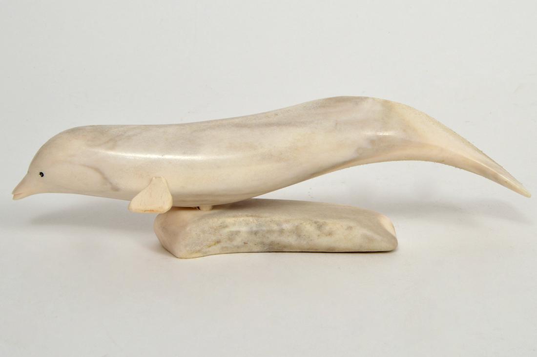 Inuit Whale Bone Carving of a Dolphin: Inuit whale bone carving of a swimming dolphin, 2.75"H x 8.75"L. Condition report: Very good - no issues. Please examine all photos closely. Contact C. Biddle Auction Gallery for more detailed informa