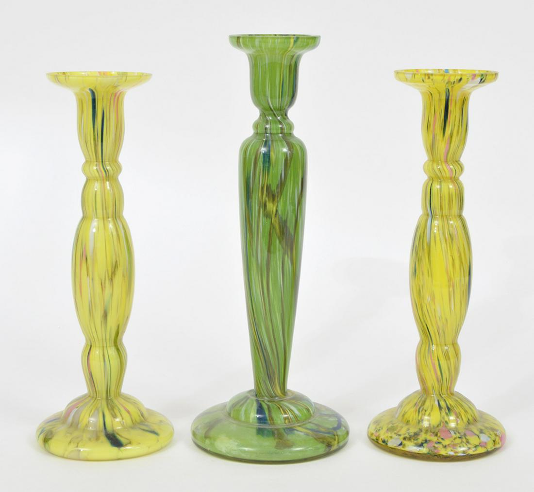 3 Czech Art Glass Candlestick Holders: 3 Czech Art Glass candlestick holders. 2 are yellow and one is green. Yellow - 9.25"H, Green - 10.25"H. Condition report: Very good - no issues. Please examine all photos closely. Contact C. Biddle Au