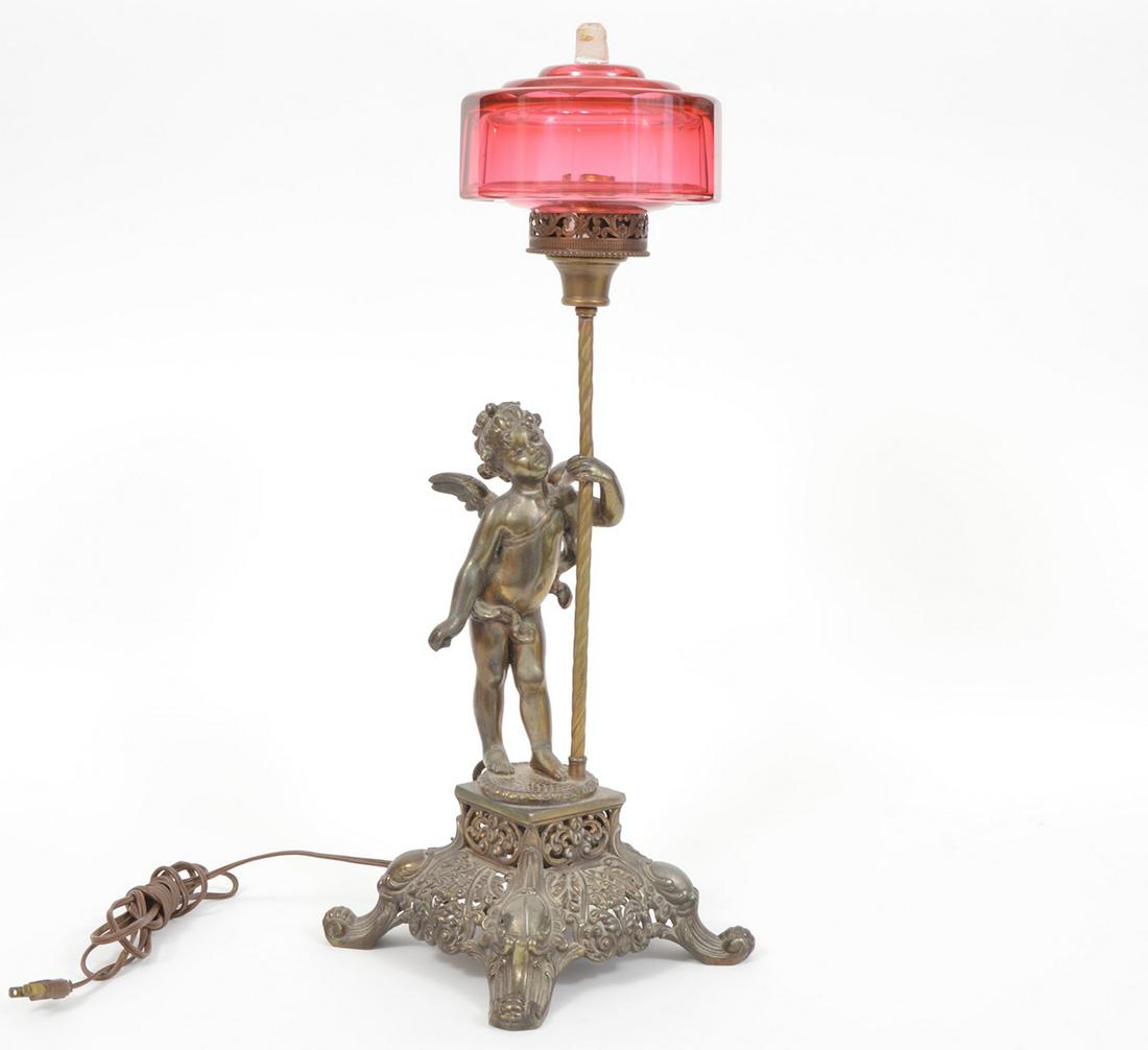 Antique Cherub Table Lamp Cranberry Shade (1 of 13)