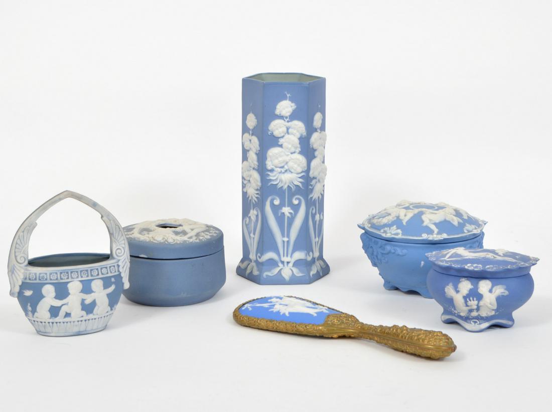 6 Pcs. Antique Jasperware Vase, Boxes, Mirror (1 of 11)