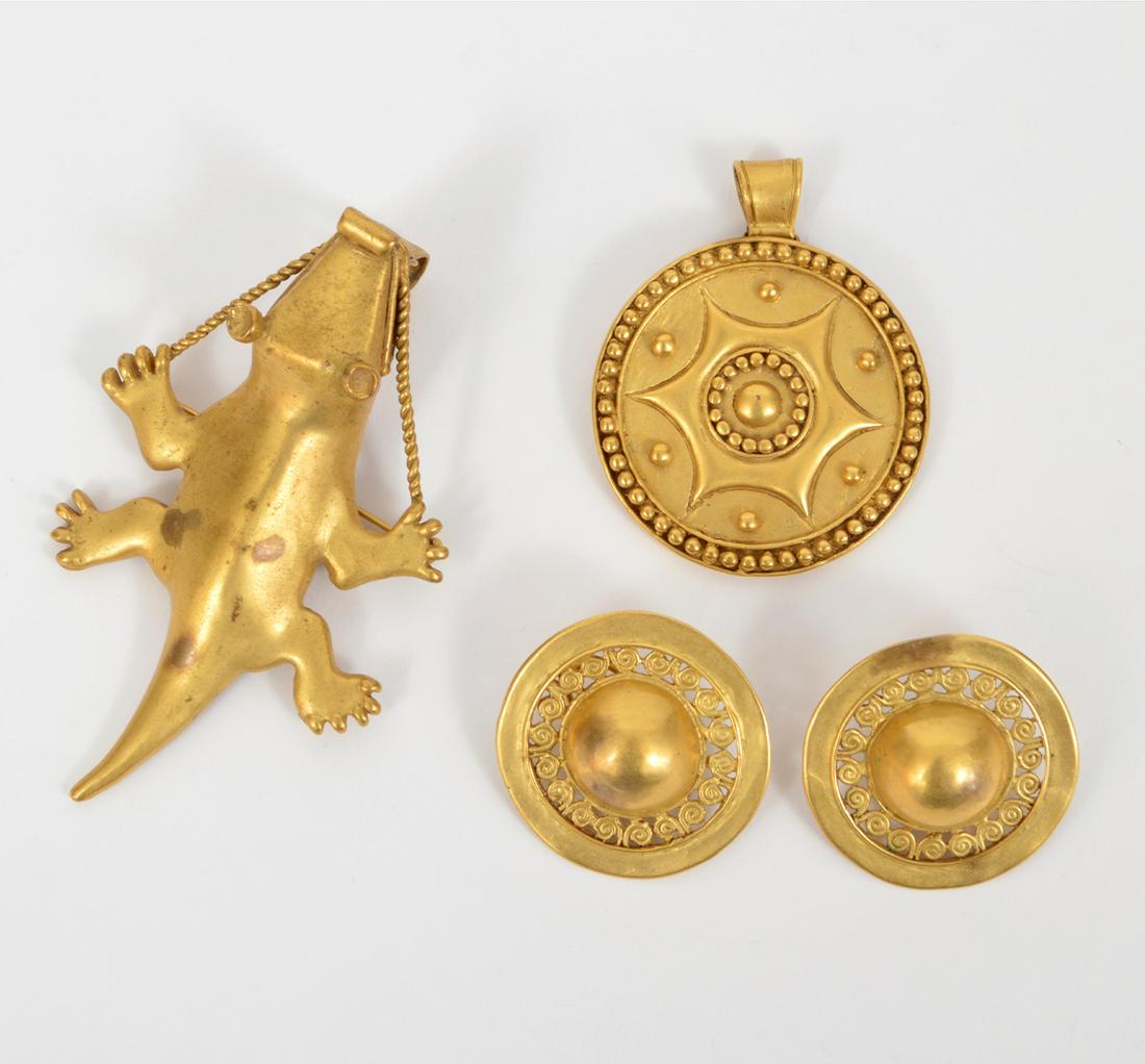 Signed Nicaraguan Hand Made Jewelry: A collection of 3 pieces of hand made Nicaraguan jewelry including: a round beadwork pendant - 1.75" diameter; an alligator pendant or brooch - 3.75"L; and a pair of round pierced earrings with posts