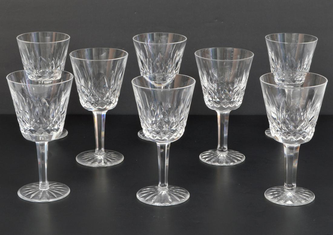 8 Waterford Lismore Claret Wine Glasses: 8 Waterford Lismore Claret wine glasses. 5 7/8" H. Condition report: Very good. Please examine all photos closely. Contact C. Biddle Auction Gallery for more detailed information. C. Biddle Auction Ga