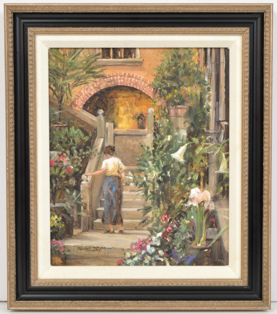 Donny Finley Oil Painting on Board Original: Donny Finley, American (Born 1951). Oil painting on board. Women on Stairs. Signed bottom left. Painting 11" H x 9" W, framed 15.5" x 13.5". Condition report: good with some minor wear to frame. Pleas