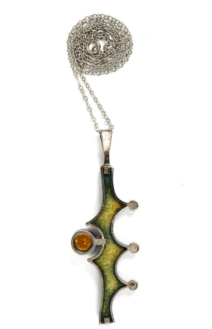 Bernard Chandron Sterling Enamel Topaz On Chain: Bernard Chandron Sterling, enamel & topaz, free form design pendent, 3.5"Lx 1.25"W on 11" drop silver chain. Condition report: Good, no issues. Please examine all photos closely. Contact C. Biddle Auc
