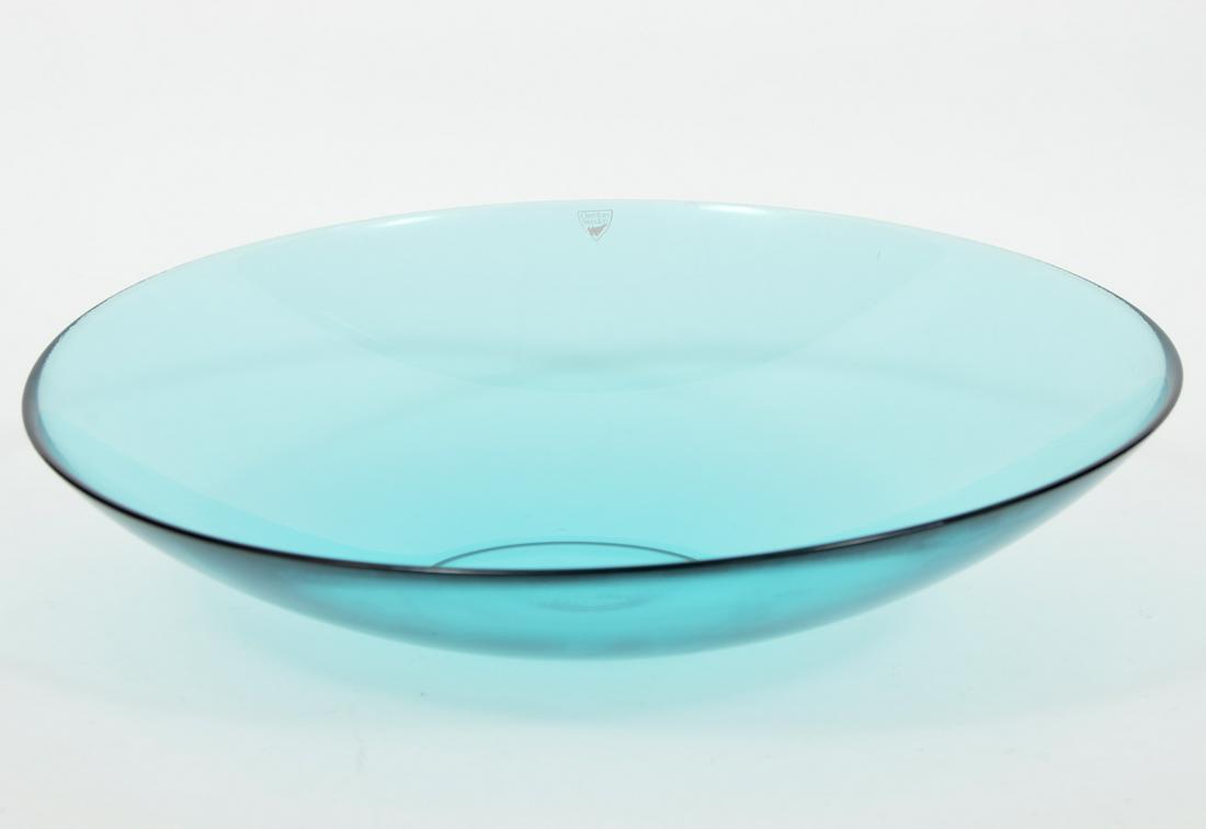 Large Orrefors Blue Bowl: Large Orrefors blue bowl stamped 'Orrefors Home' on bottom. 13.5"D. Condition report: Very good, no issues. Please examine all photos closely. Contact C. Biddle Auction Gallery for more detailed infor