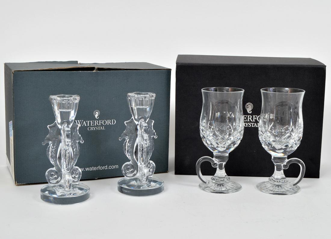 Waterford Candlesticks & Lismore Coffee Mugs: Pair of Vintage 1980's Waterford crystal triple seahorse candlesticks. Original box and stickers. Measures 6.25"H. Pair of Waterford Lismore crystal Irish coffee mugs in original box with booklet. Mea