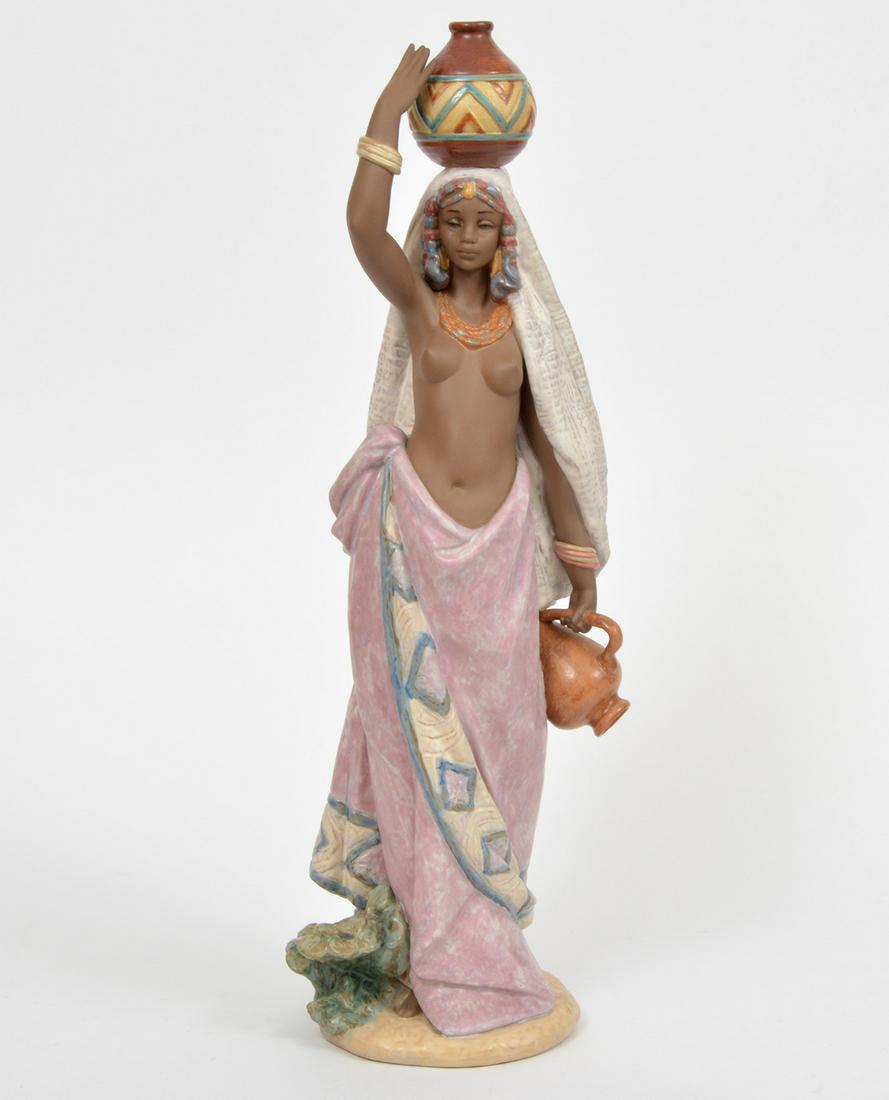Lladro Vintage 'Africa' Gres Semi-Nude Figurine: Lladro vintage Gres figurine of semi-nude woman with water jugs, signed on bottom, #2402. Measures 20.5"H x 6.5"W. Condition report: good condition, no chips or repairs, see photos. Please examine all