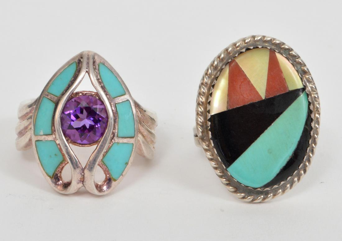 2 Sterling Rings w/ Amethyst, MOP, Coral, Enamel (1 of 8)