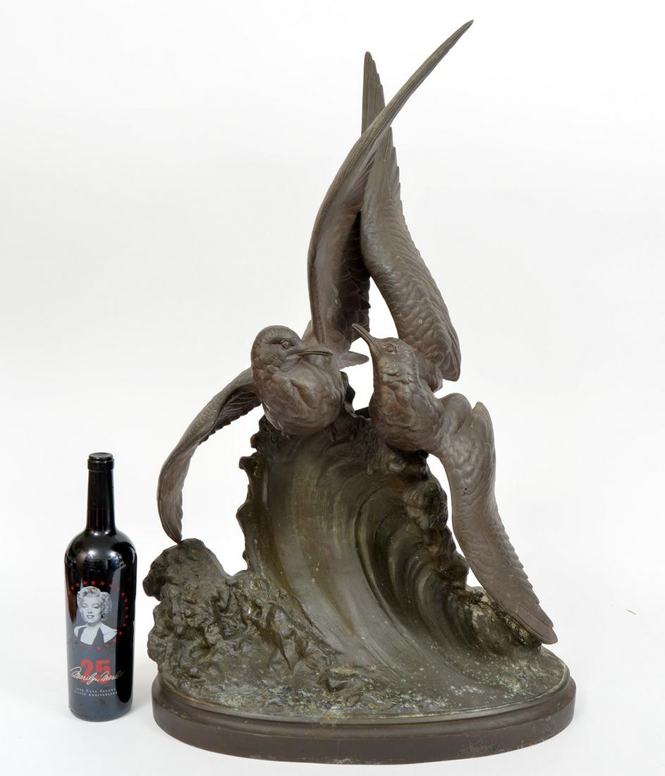 H. Le Chesne 'Seagulls on a Wave' Sculpture: H. Le Chesne French 19th C. sculptor, signed on base. 'Gaviotas' is a patinated white metal sculpture of 2 seagulls riding a wave. Measures 30"H x 21"L x 10"D. Condition report: good overall condition