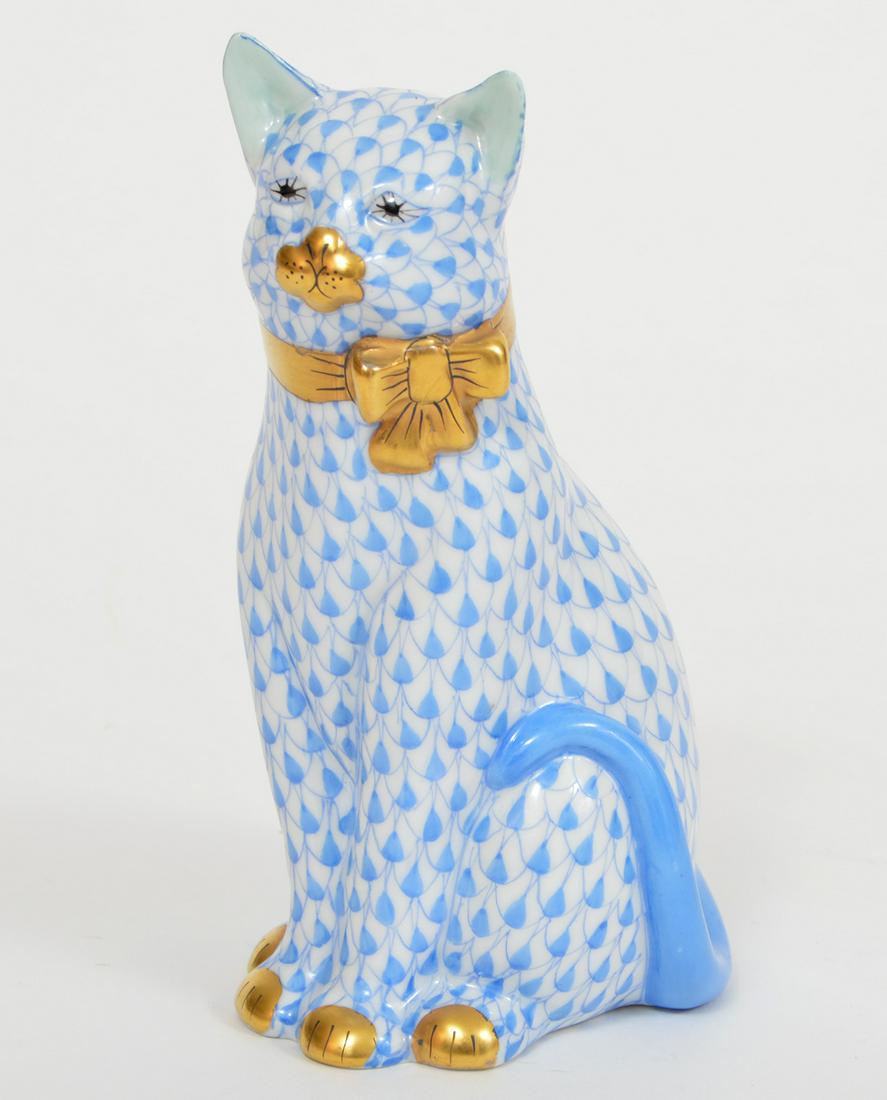 Herend Blue Fishnet Sitting Cat Figure 4.5" H (1 of 5)