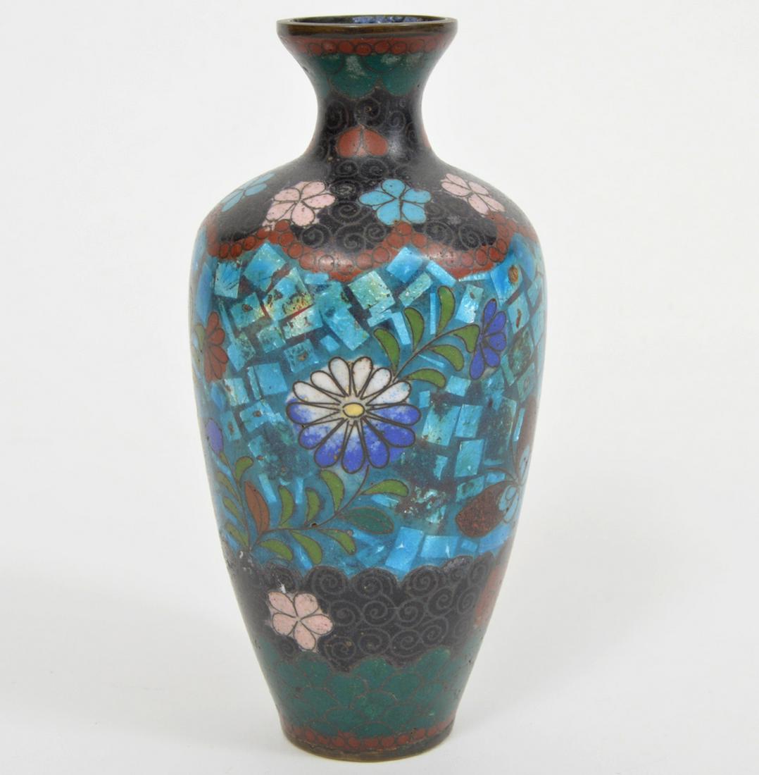 Antique Cloisonne Mosaic Vase Meiji Period: Antique vase in sparking bright blue mosaic with cloisonnÃ© flowers - 5"H. Condition report: wear commensurate with age. Please examine all photos closely. Contact C. Biddle Auction Gallery for more
